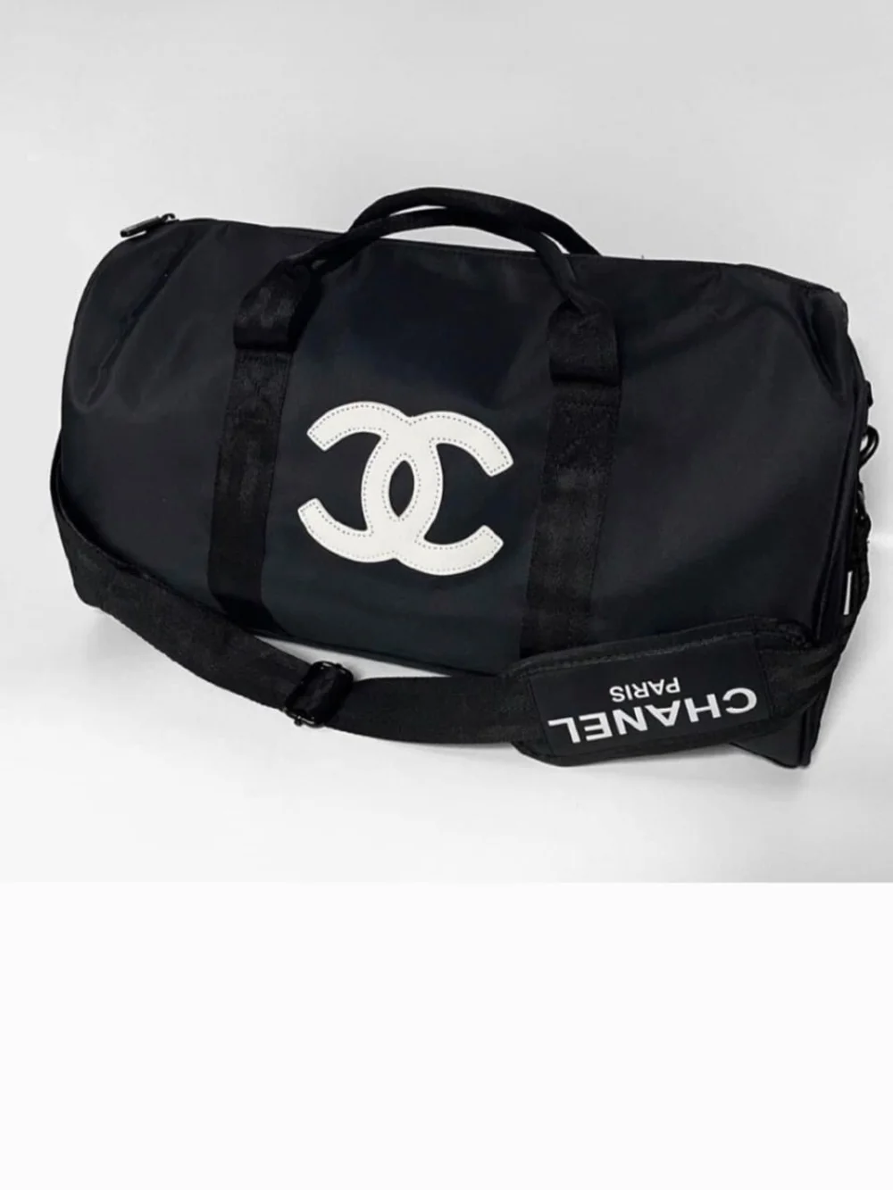 CHANEL Black Duffel Bag with White CC Logo